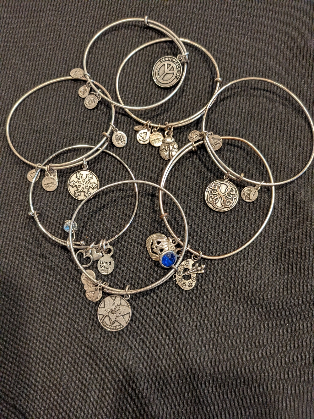 #1: Alex and Ani Silver Tone Charm Bangle Bracelet Set Of  7 with Blue Accent